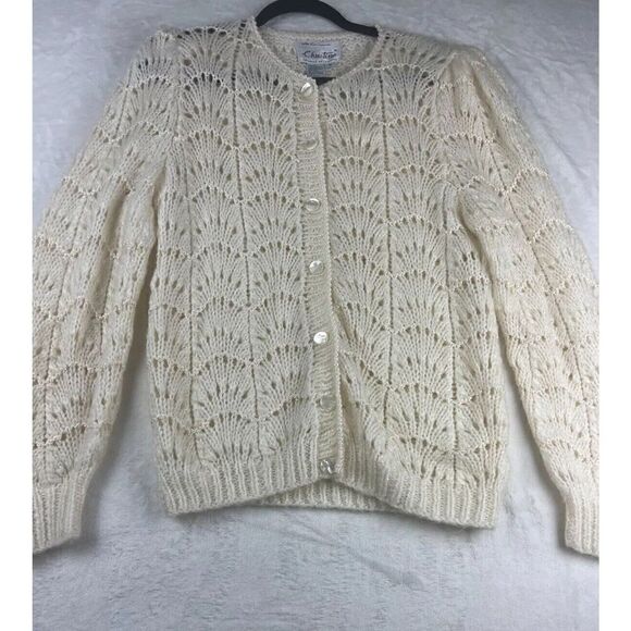 Christine Cardigan Sweater Women's Size M Ivory Acrylic Hand-Knit Long Sleeves - Picture 1 of 11